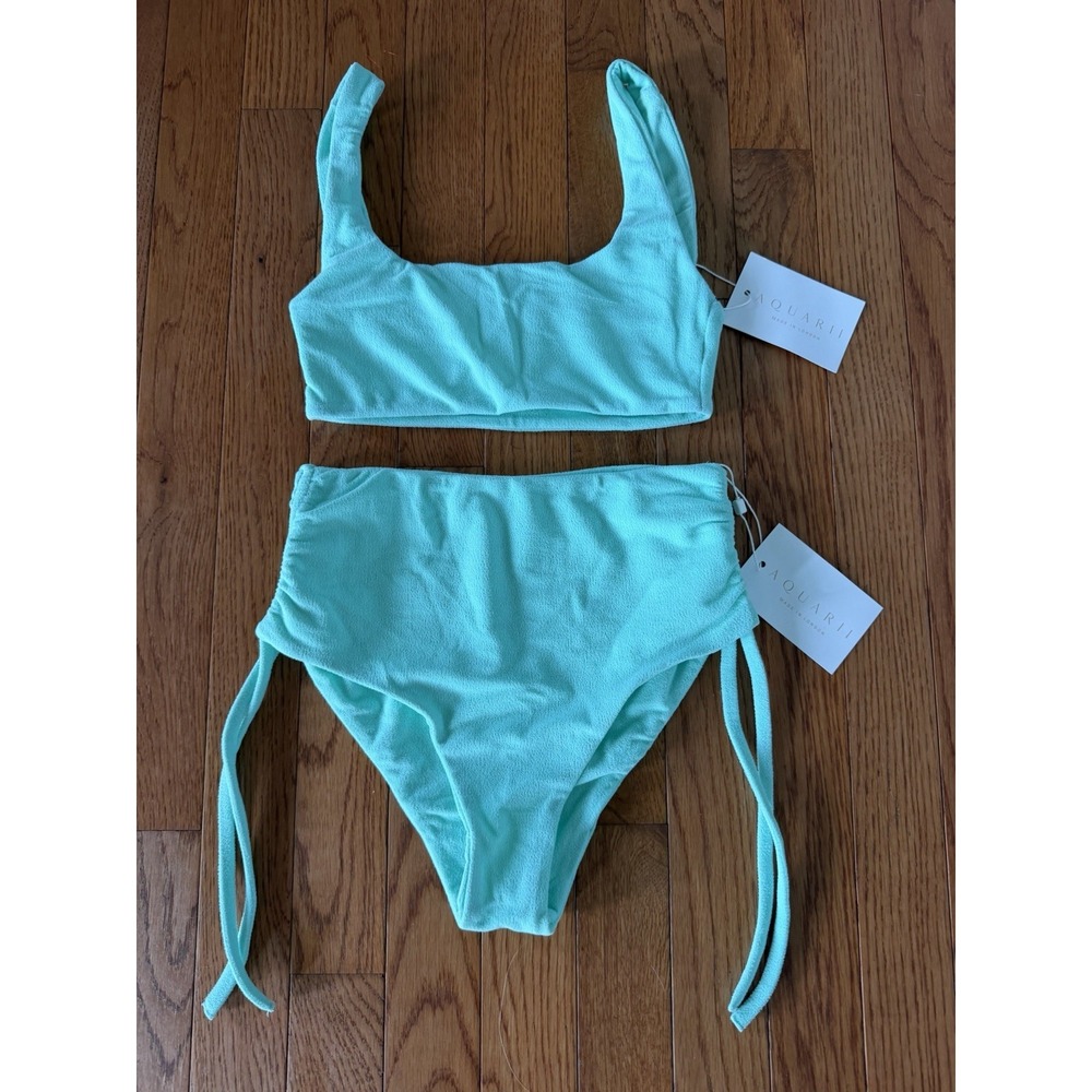 Aquarii Turquoise Crinkle Two-Piece Swimsuit Sporty Scoop Neck Crop XS NWT